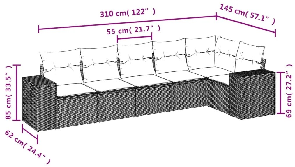 Set divano da giardino 6 pz con cuscini grigio in polyrattan