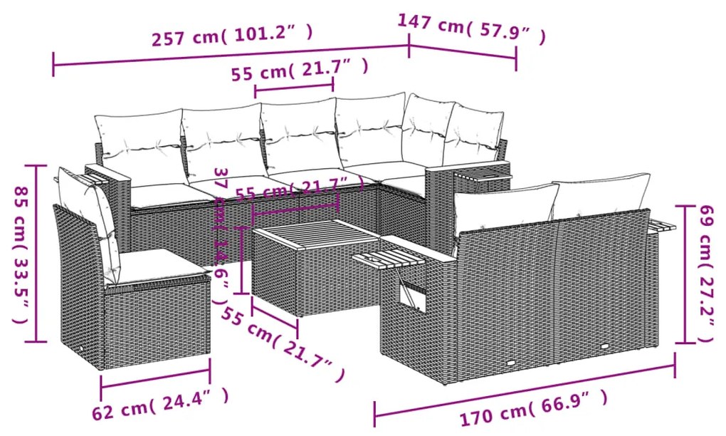 Set Divani da Giardino 9 pz con Cuscini Nero in Polyrattan