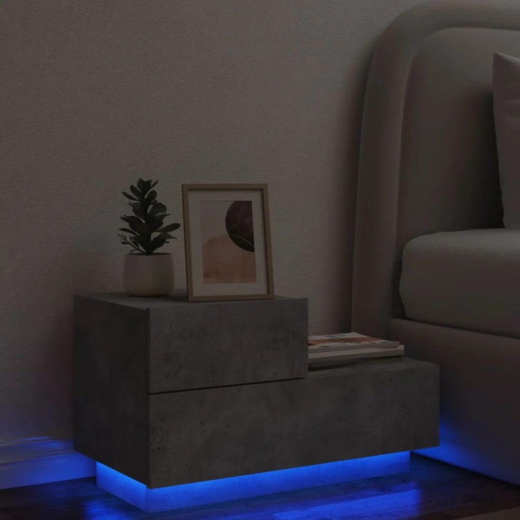 Comodino con luci led grigio cemento 70x36x40,5 cm