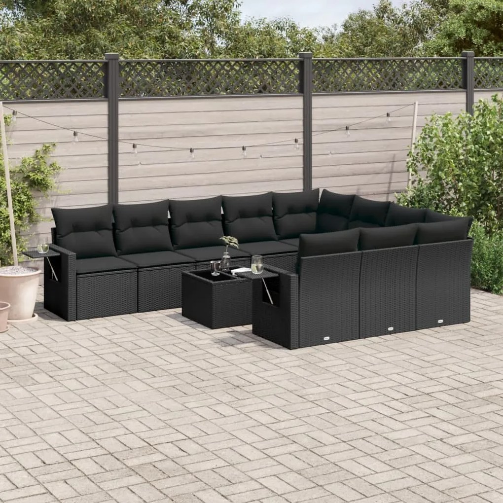 Set divani da giardino 11 pz con cuscini in polyrattan nero