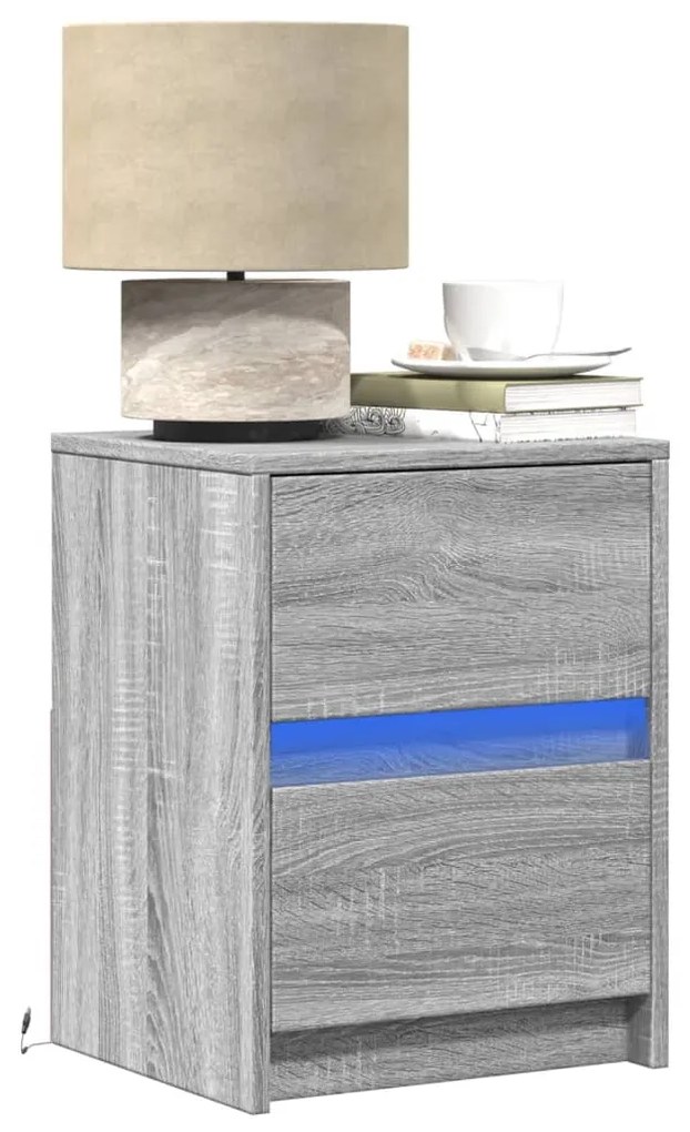 Comodini Con Luci Led 2pz Grigio Sonoma İn Legno Multistrato /