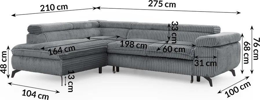 Divano angolare grigio (con penisola a sinistra/a L) con rivestimento in velluto a coste Marbeya – Ropez