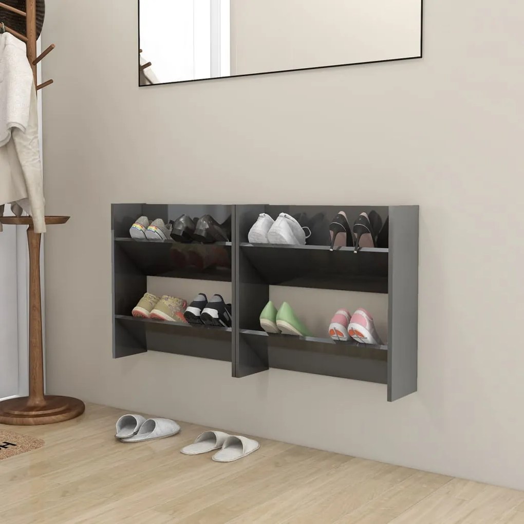 Scarpiere A Muro 2pz Grigio Lucido 60x18x60cm Legno Multistrato /
