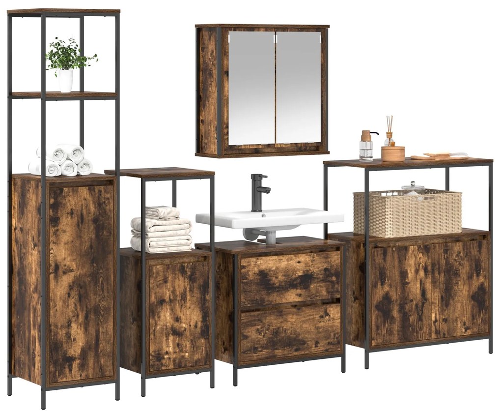Set di mobili da bagno 5 pezzi in legno ingegnerizzato rovere affumicato