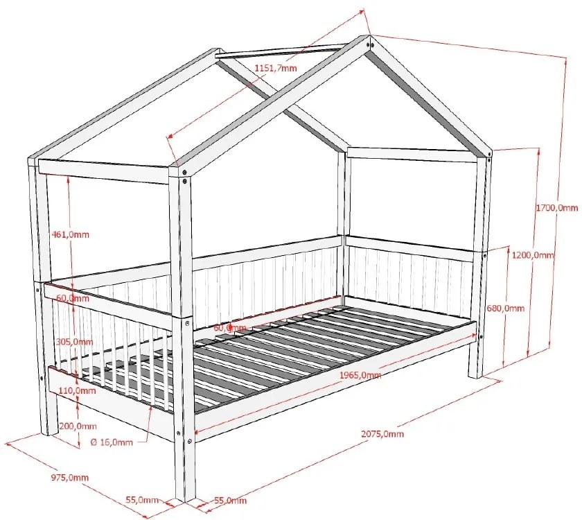 Letto da bambini a forma di casa di colore naturale in faggio massiccio con rete inclusa 90x200 cm Forrest – Vipack
