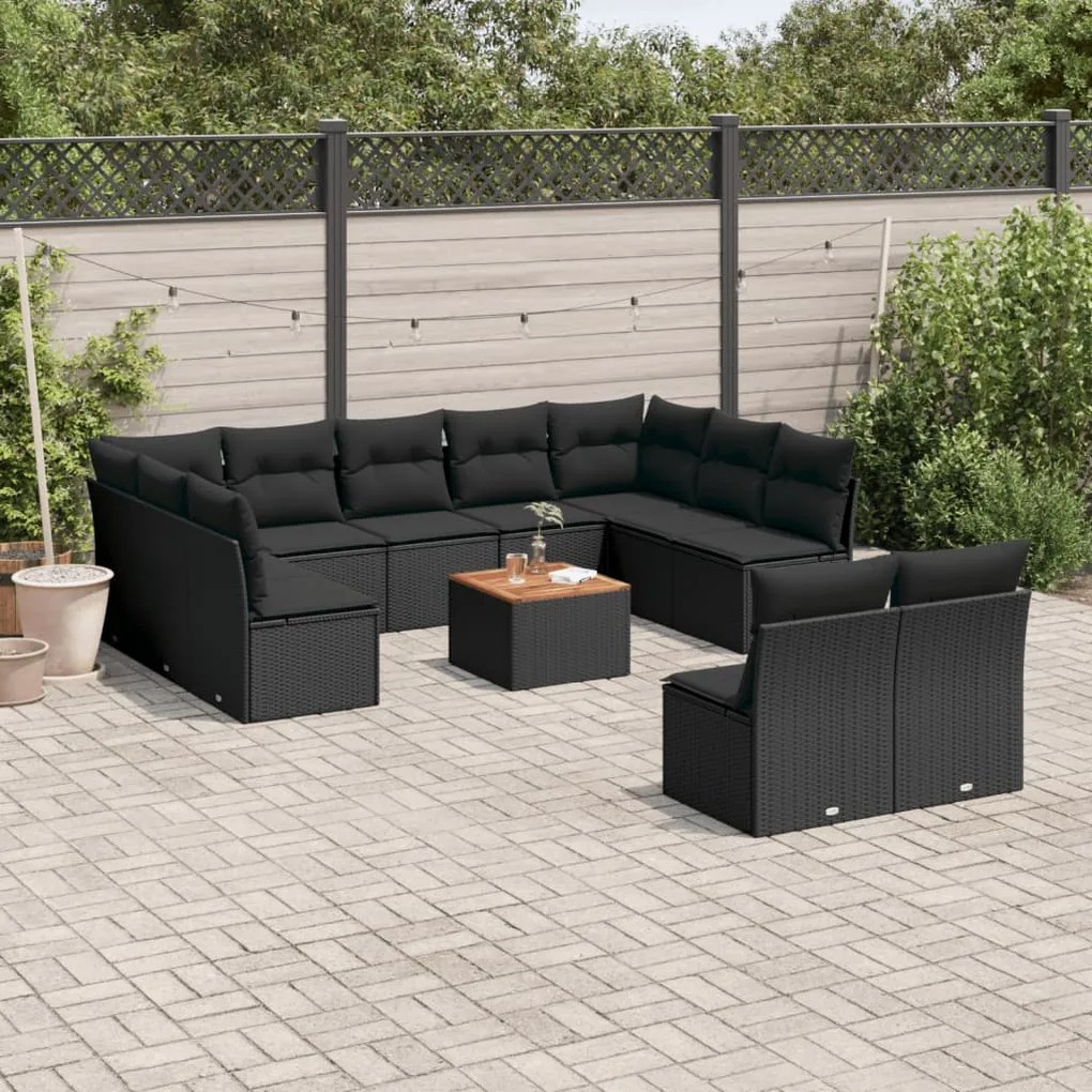 Set Divani da Giardino 12 pz con Cuscini Nero in Polyrattan