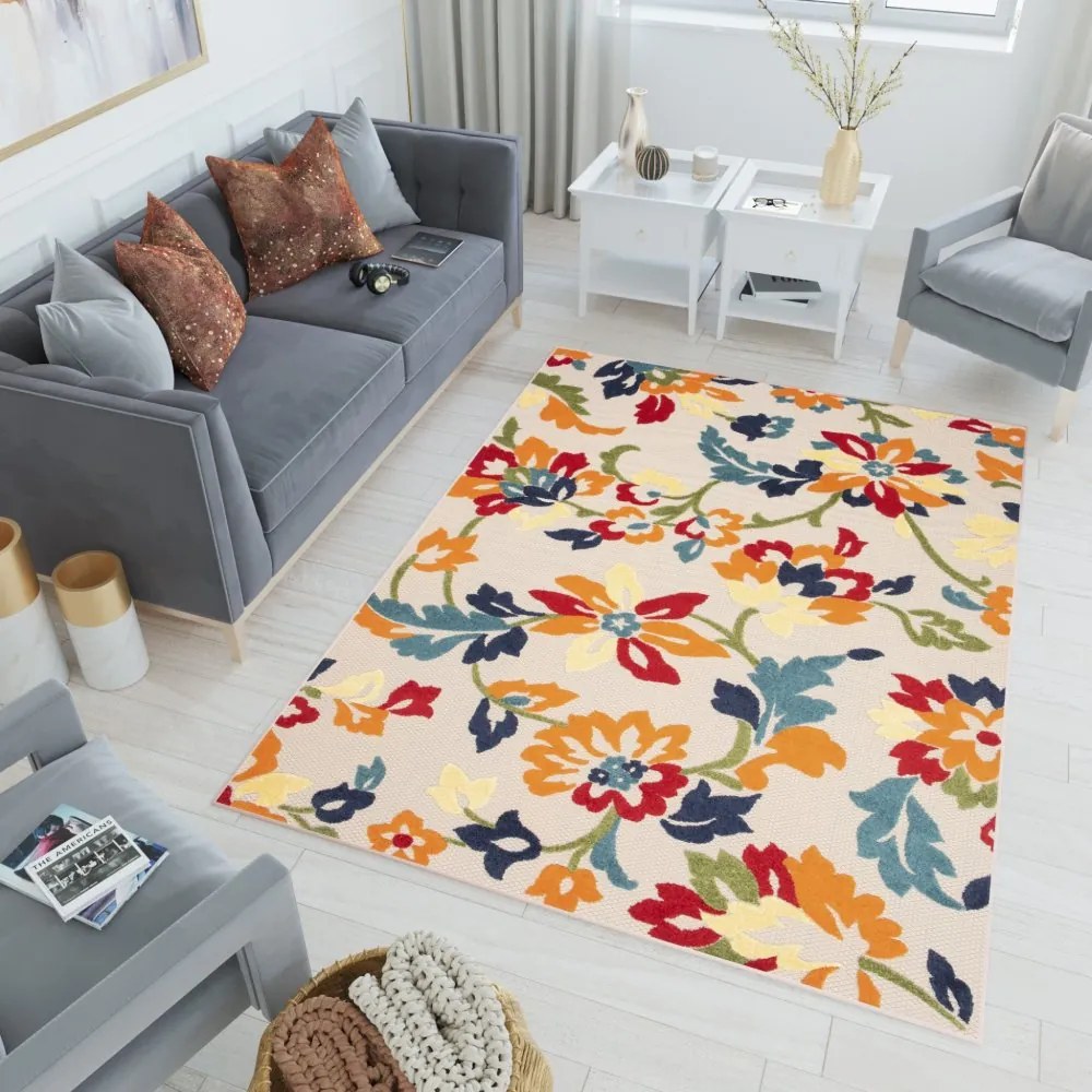 Tappeto per patio color crema con motivo di fiori colorati Larghezza: 120 cm | Lunghezza: 170 cm