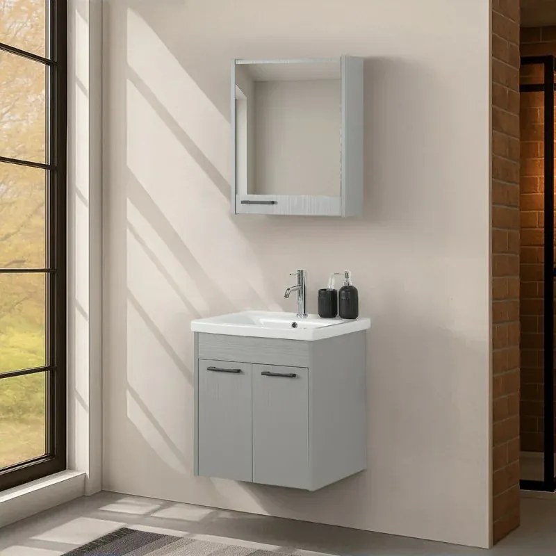 Mobile bagno sospeso 55 cm grigio chiaro effetto legno con armadietto a specchio Sofia