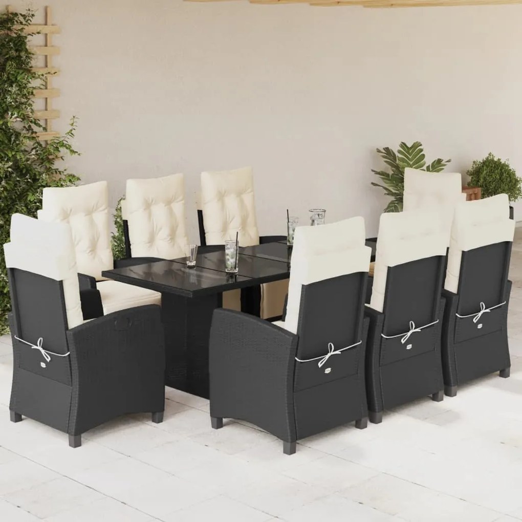 Set da pranzo da giardino 9 pz con cuscini nero in polyrattan