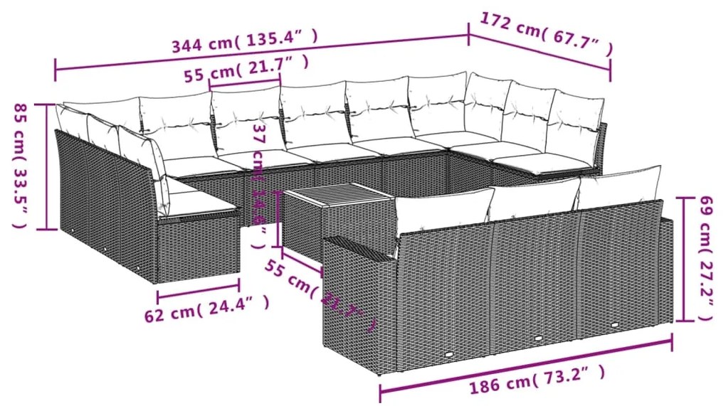Set divani da giardino 14pz con cuscini in polyrattan beige