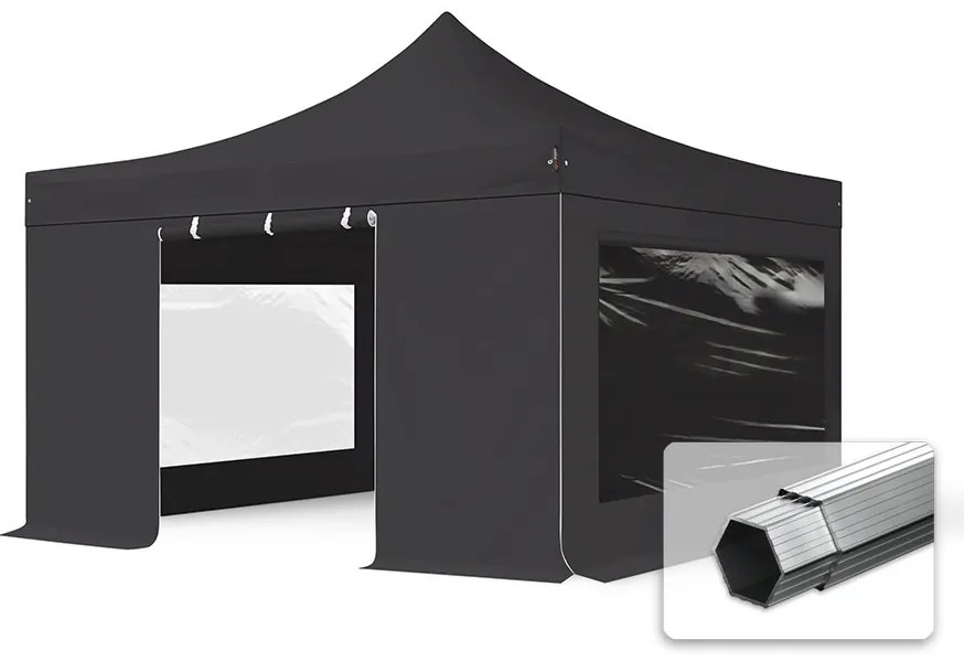 TOOLPORT 4x4m gazebo pieghevole PVC con laterali (finestre panoramiche), PROFESSIONAL alluminio, nero - (59079)