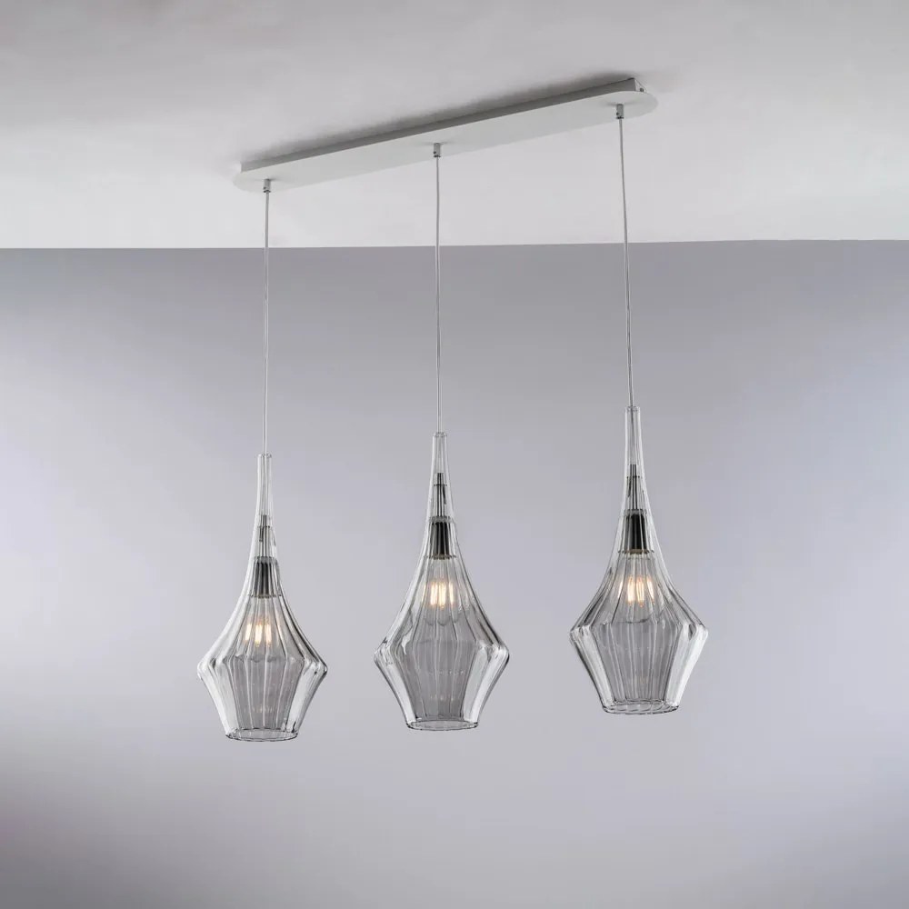 Lampadario Binario Moderno Zeus Metallo Bianco Vetro Grigio Fumè 3 Luci E27