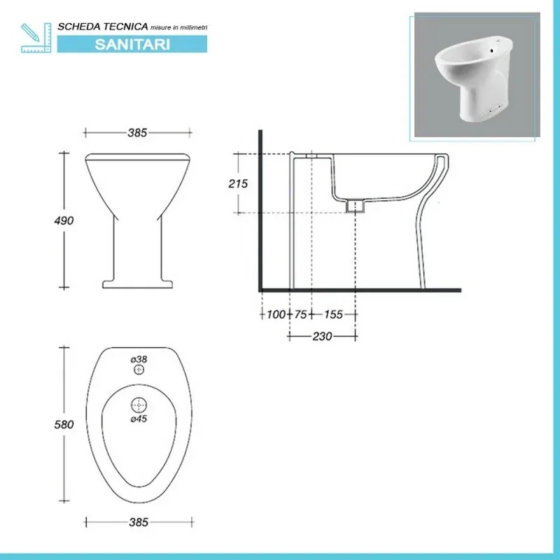Bidet per anziani e disabili con altezza 49 cm e foro per rubinetto