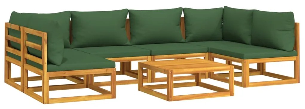 Set Salotto da Giardino 7pz con Cuscini Verdi in Legno Massello