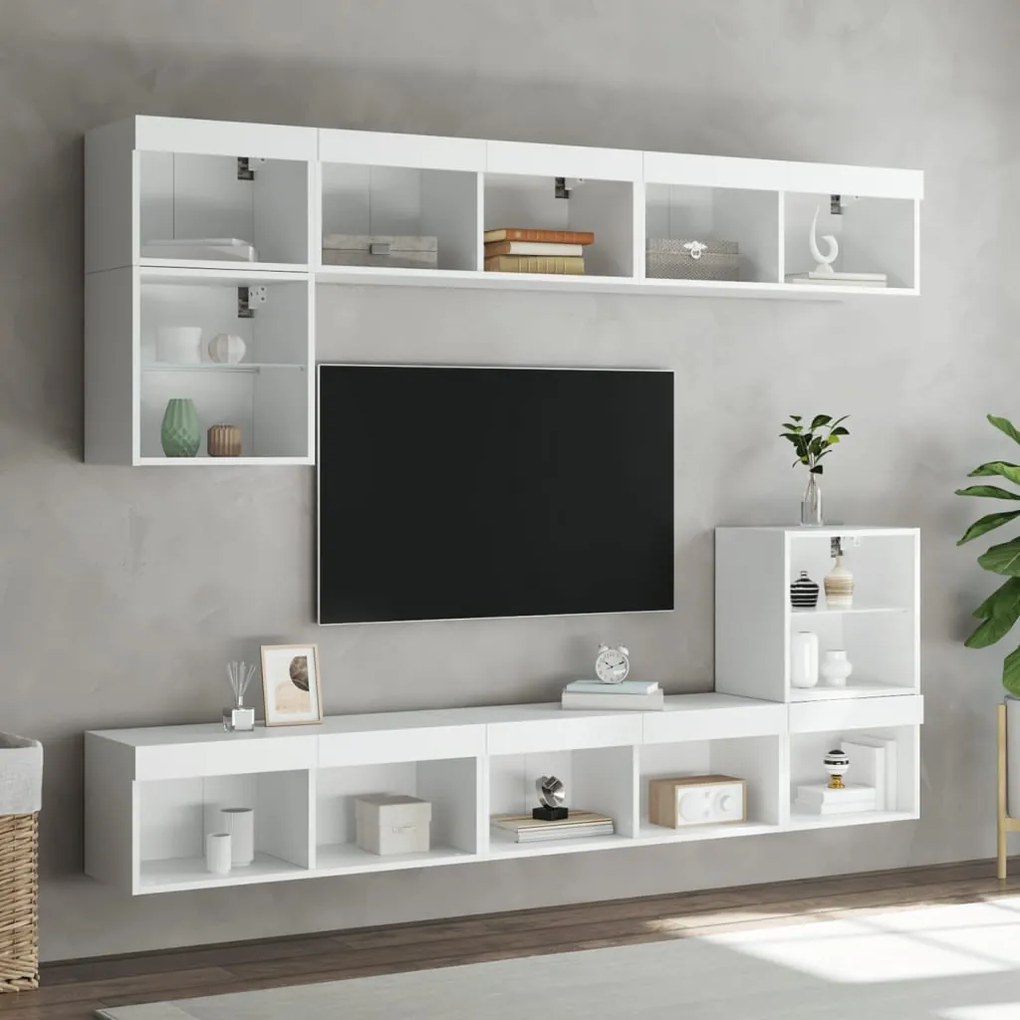 Mobili tv a muro con led 8pz bianchi in legno multistrato