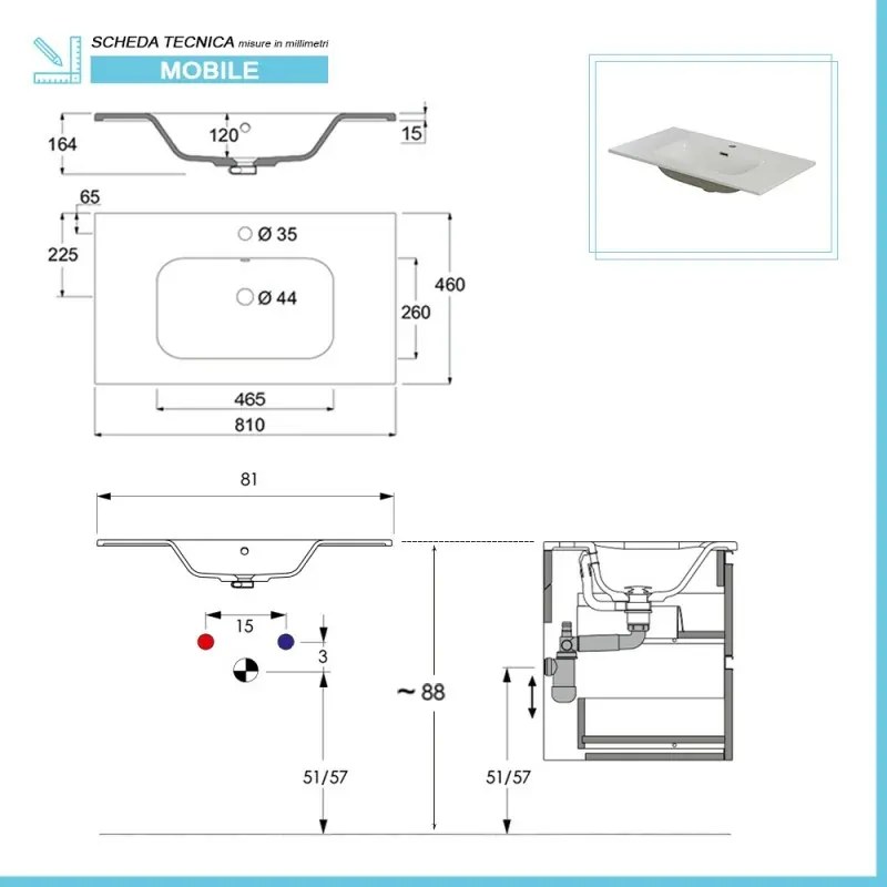 Mobile bagno sospeso 80 cm bianco e rovere con cassetto sfalsato Kleo