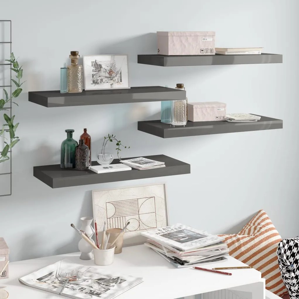 Scaffali A Parete 4 Pz Grigio Lucido 60x23,5x3,8 Cm İn Mdf /