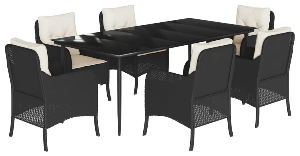 Set da pranzo da giardino 7 pz nero con cuscini in polyrattan