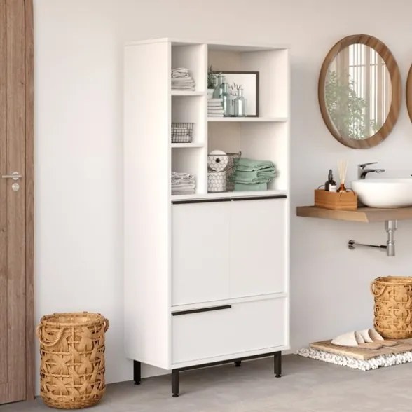 Mobile Multiuso Da Bagno Con Ante Frontali E Vani A Giorno 75x36x160 Bianco Ocean