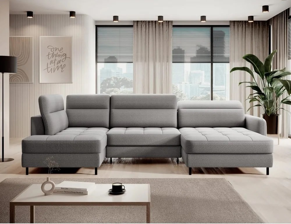 Divano angolare grigio chiaro allungabile/con contenitore (con penisola a sinistra/a U) e rivestimento in velluto Berrto – ELTAP