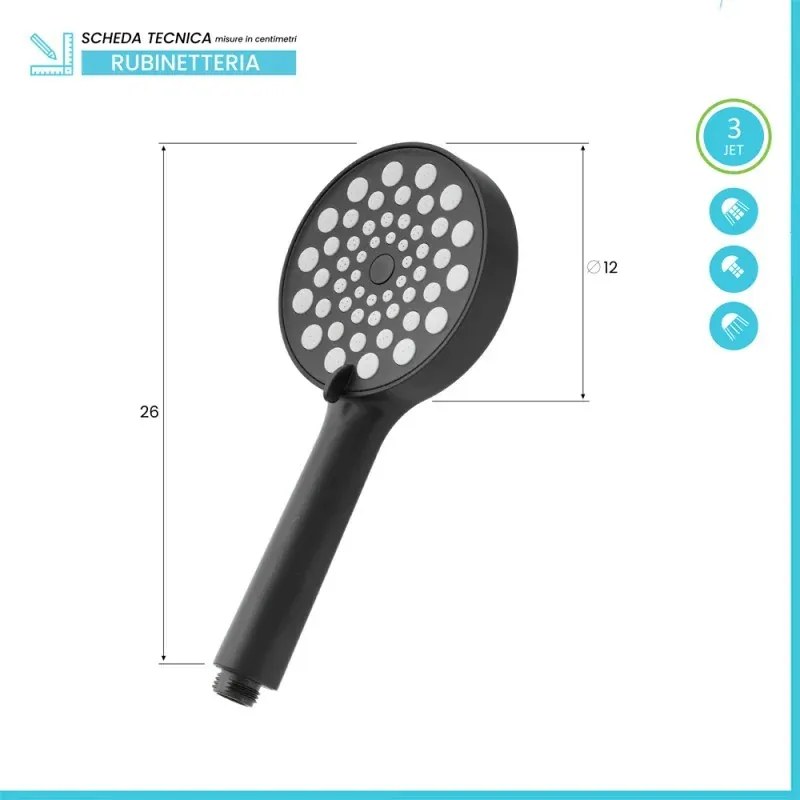 Doccetta tonda 26 cm con tre tipi di getto nero opaco in ABS Hidra