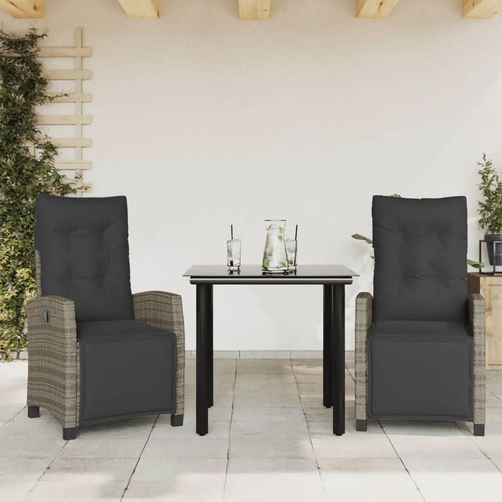 Set da Pranzo da Giardino 3 pz con Cuscini in Polyrattan Grigio