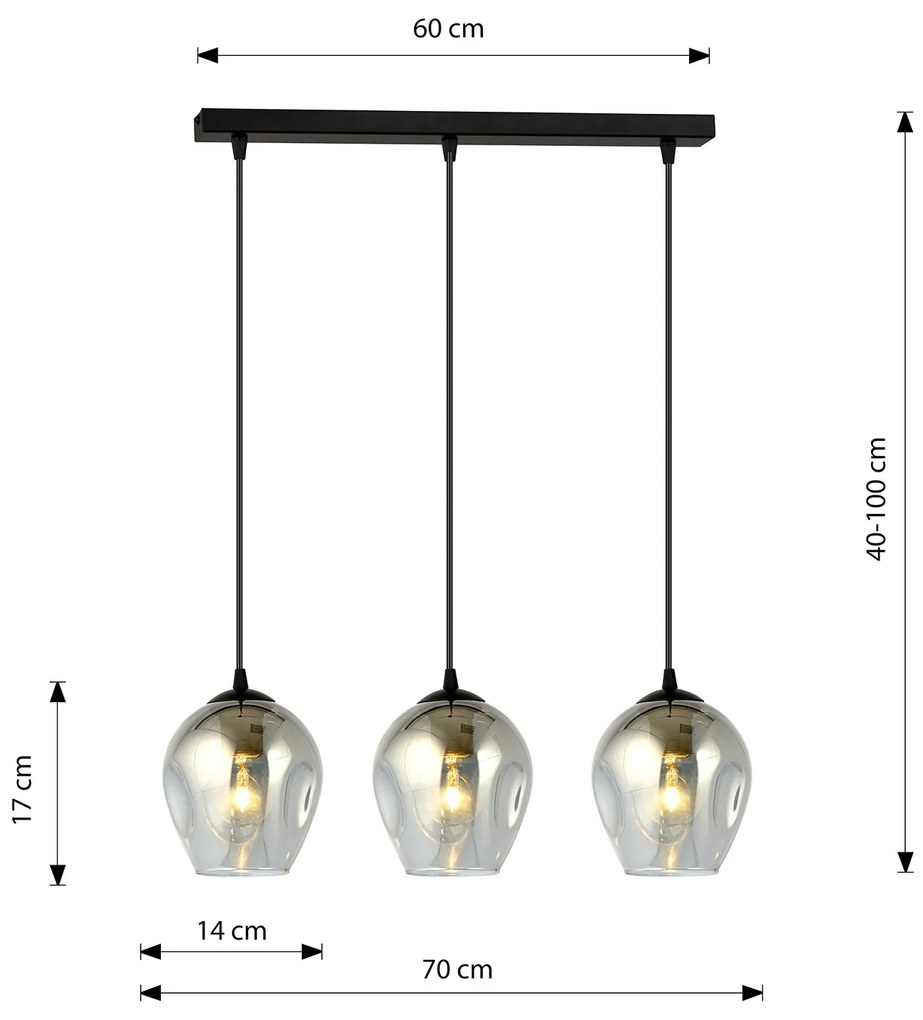 Lampadario 3 Luci Fuxi In Acciaio Nero E Vetri Fumè