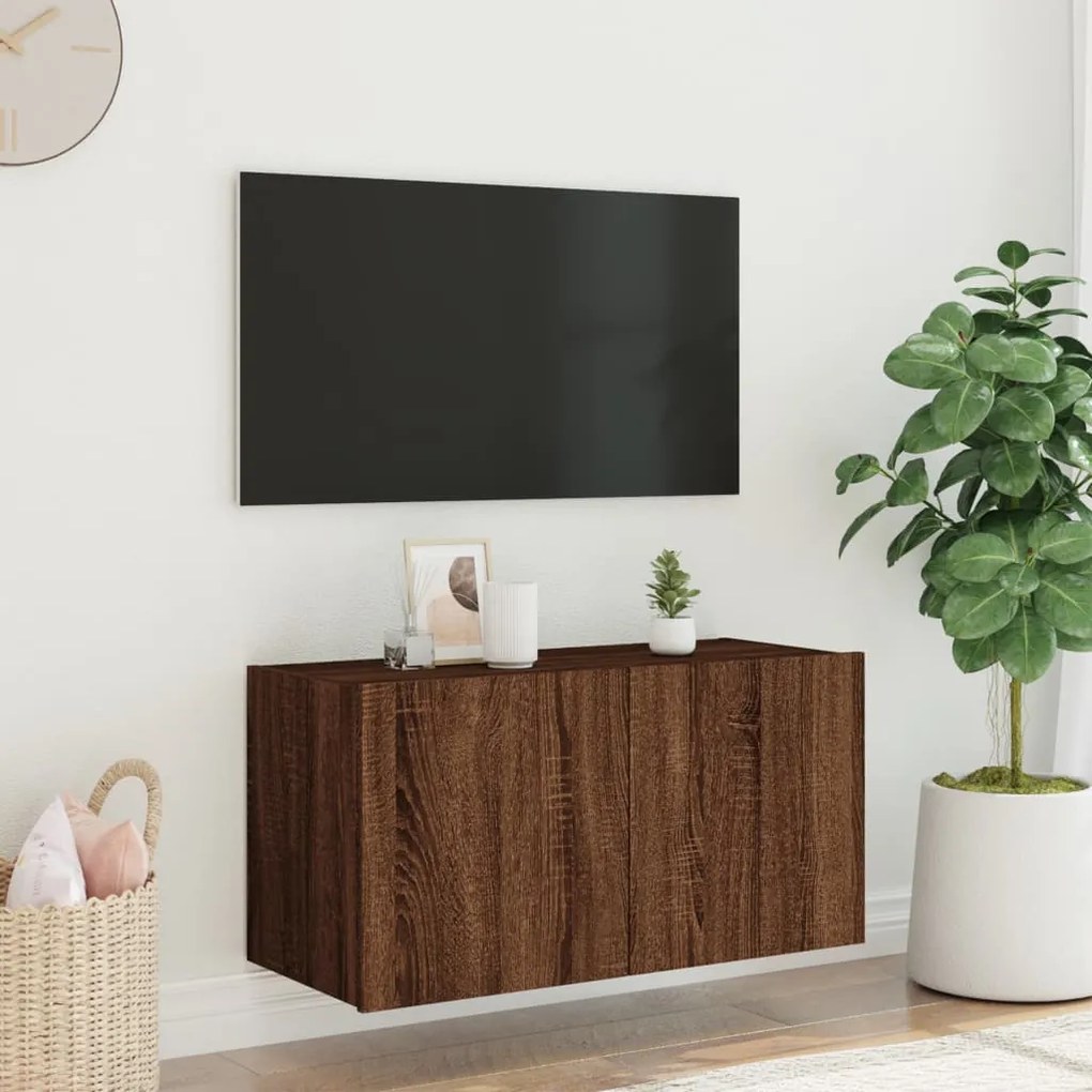 Mobile tv a parete con luci led rovere marrone 80x35x41 cm