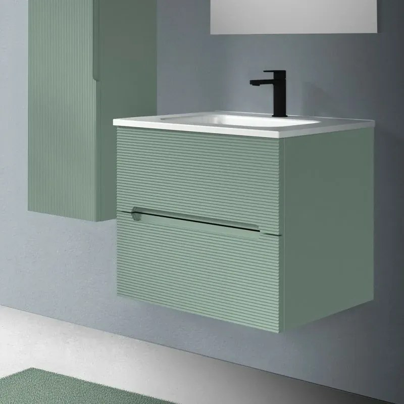 Mobile bagno sospeso 60 verde cannettato 2 cassetti lavabo e specchio Rigo