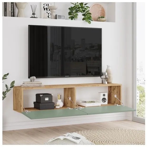 Mobile TV Sospeso 140x32x30 Effetto Legno Rovere E Verde Frame