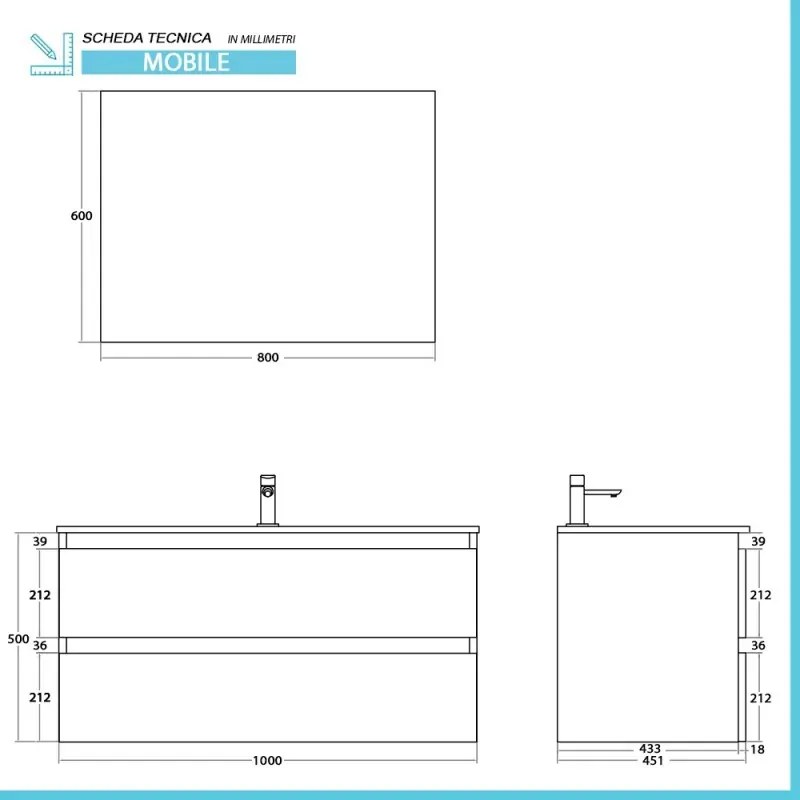 Mobile bagno sospeso 100 cm bianco e rovere con cassetti soft-close Kleo