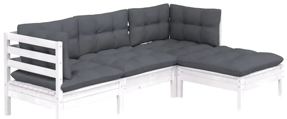 Set divani da giardino 4 pz con cuscini bianchi legno di pino