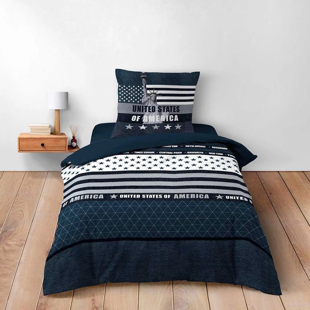 Set copripiumino e federa blu scuro in cotone per letto singolo 140x200 cm States – douceur d'intérieur