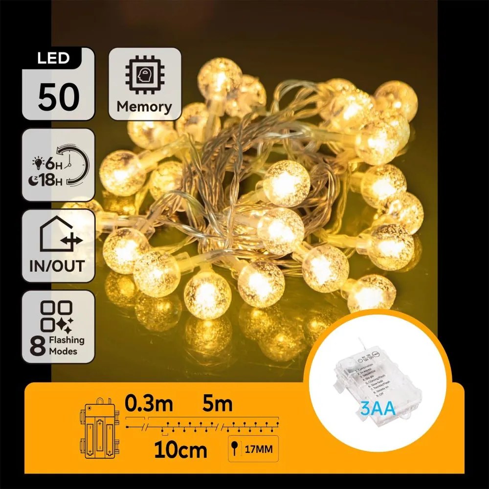Aigostar - Catena luminosa LED per esterni 50xLED/3xAA/8 funzioni 5,3 m IP44 bianco caldo