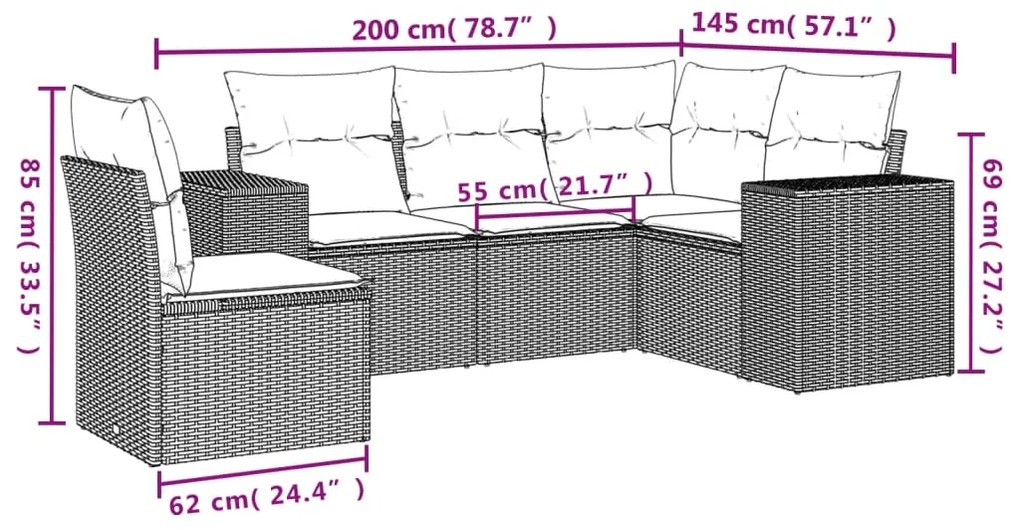 Set divano da giardino 5 pz con cuscini grigio in polyrattan