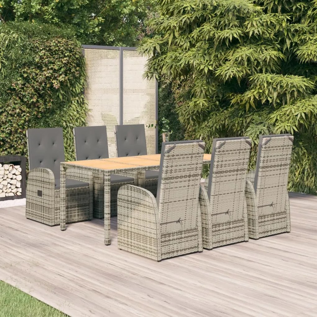 Set da pranzo da giardino 7 pz con cuscini in polyrattan grigio