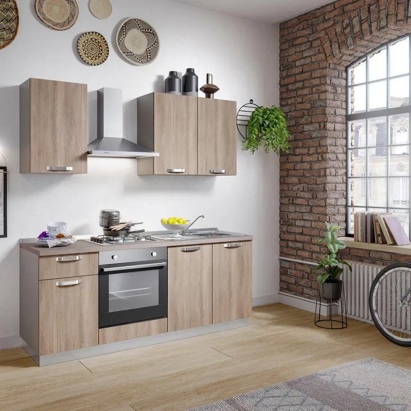 Cucina montata Dora rovere chiaro, lavello a destra, L 195 cm, completa di: cappa a camino, piano cottura a gas, forno