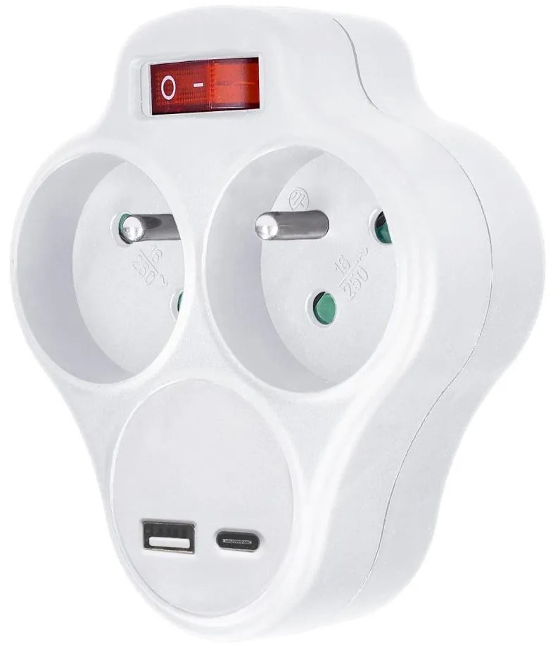 Solight P99USBC-PD20-Multipresa con un USB A+C charger e interruttore 2x10A bianco