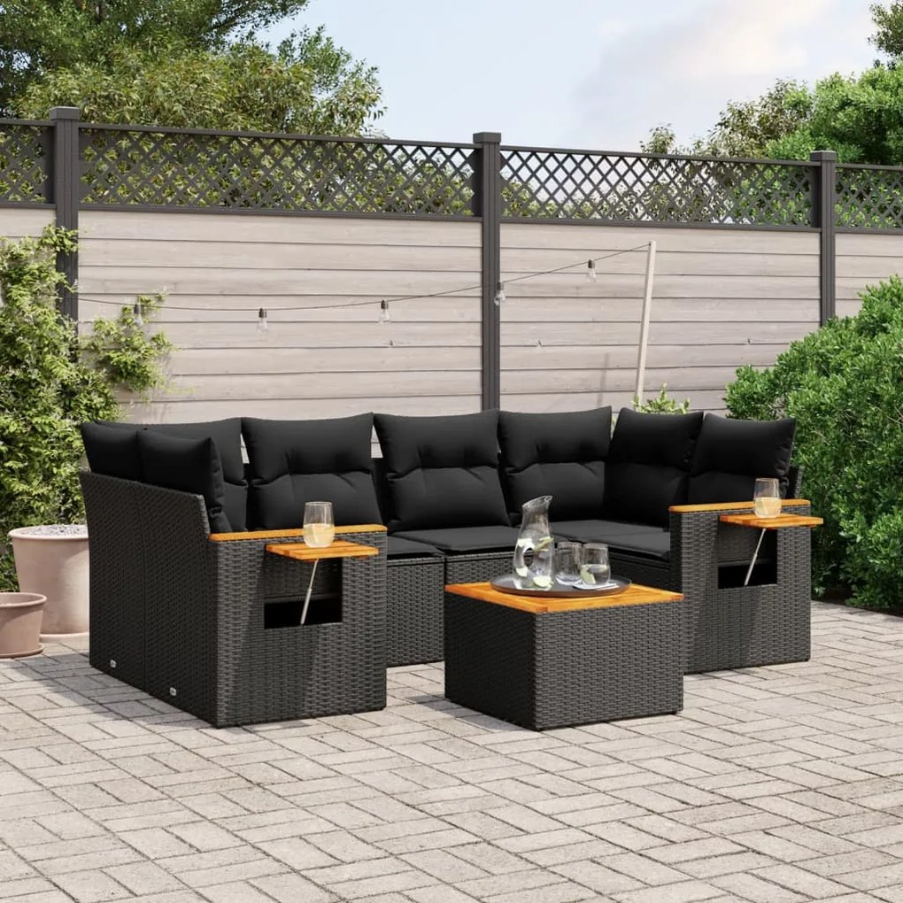 Set divani da giardino con cuscini 7pz nero polyrattan