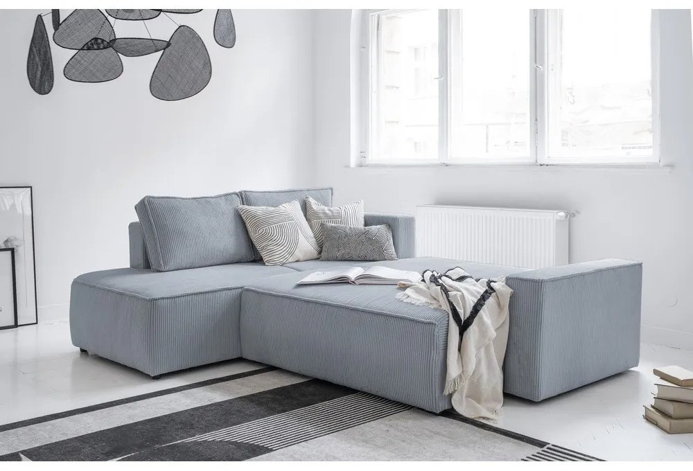 Divano letto angolare in velluto a coste grigio chiaro Brave Dave - Miuform