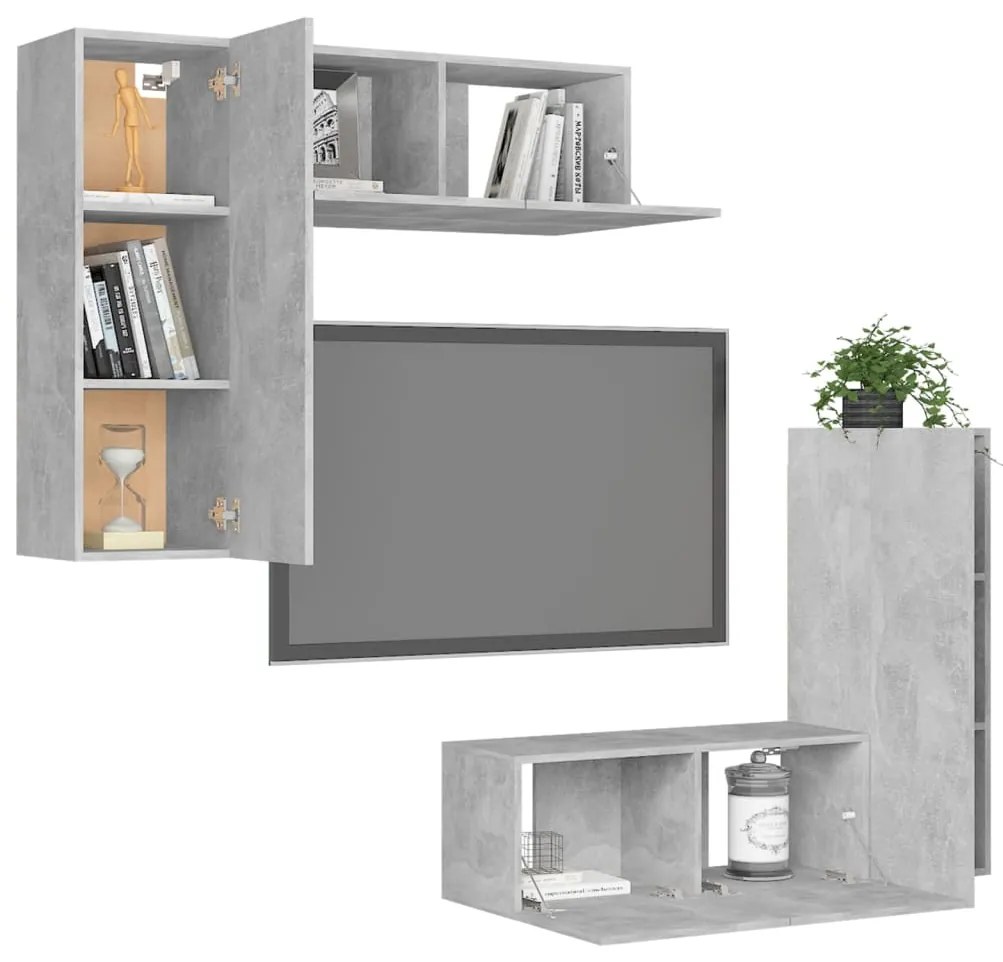 Set porta tv 4 pz grigio cemento in truciolato