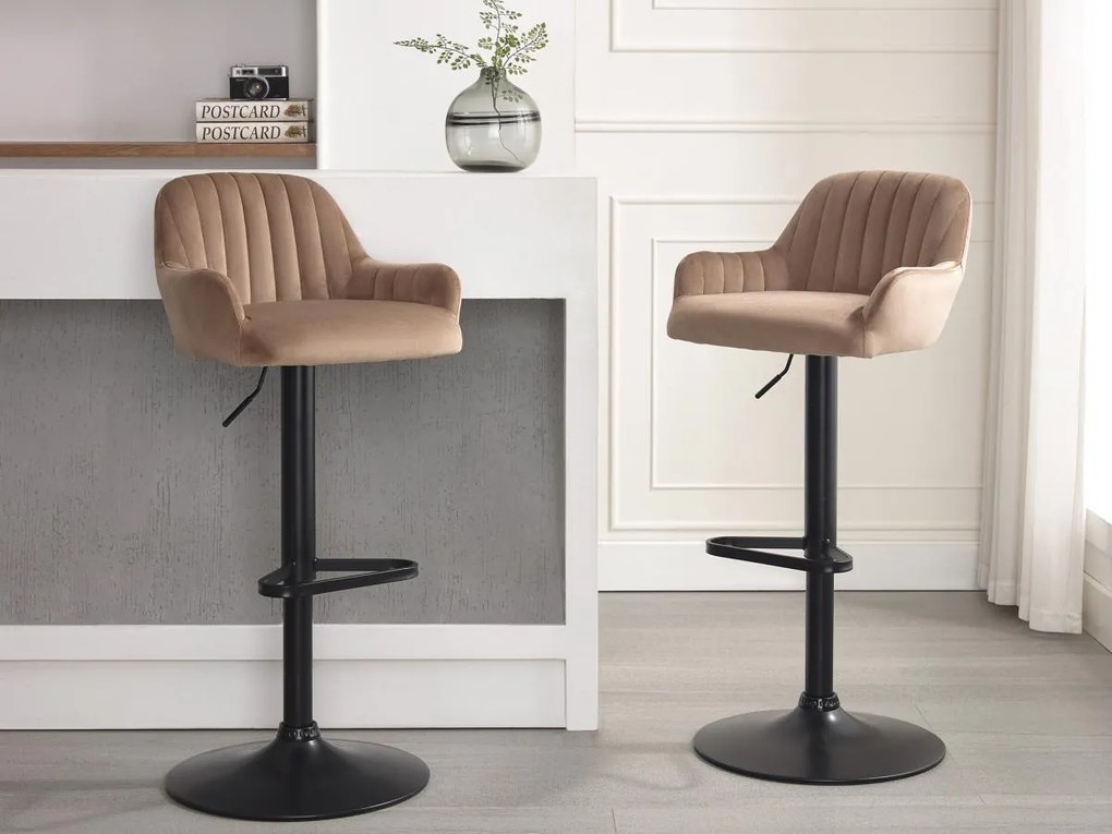 Sgabello da bar in Velluto e Metallo Nero Altezza regolabile Beige - Lotto di 2 - ELEANA