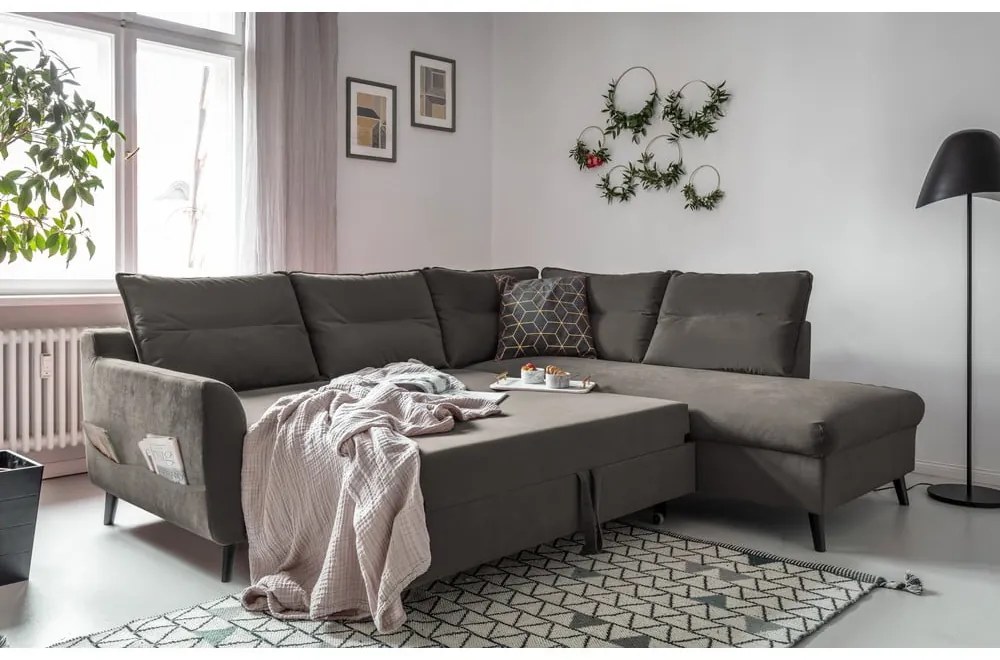 Divano letto angolare in velluto grigio scuro L, angolo destro Stylish Stan - Miuform