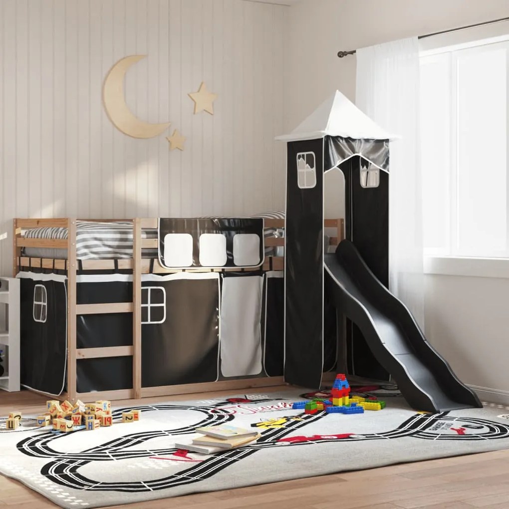 Letto A Castello Con Scivolo E Tende Bianco E Nero 80x200 Cm /
