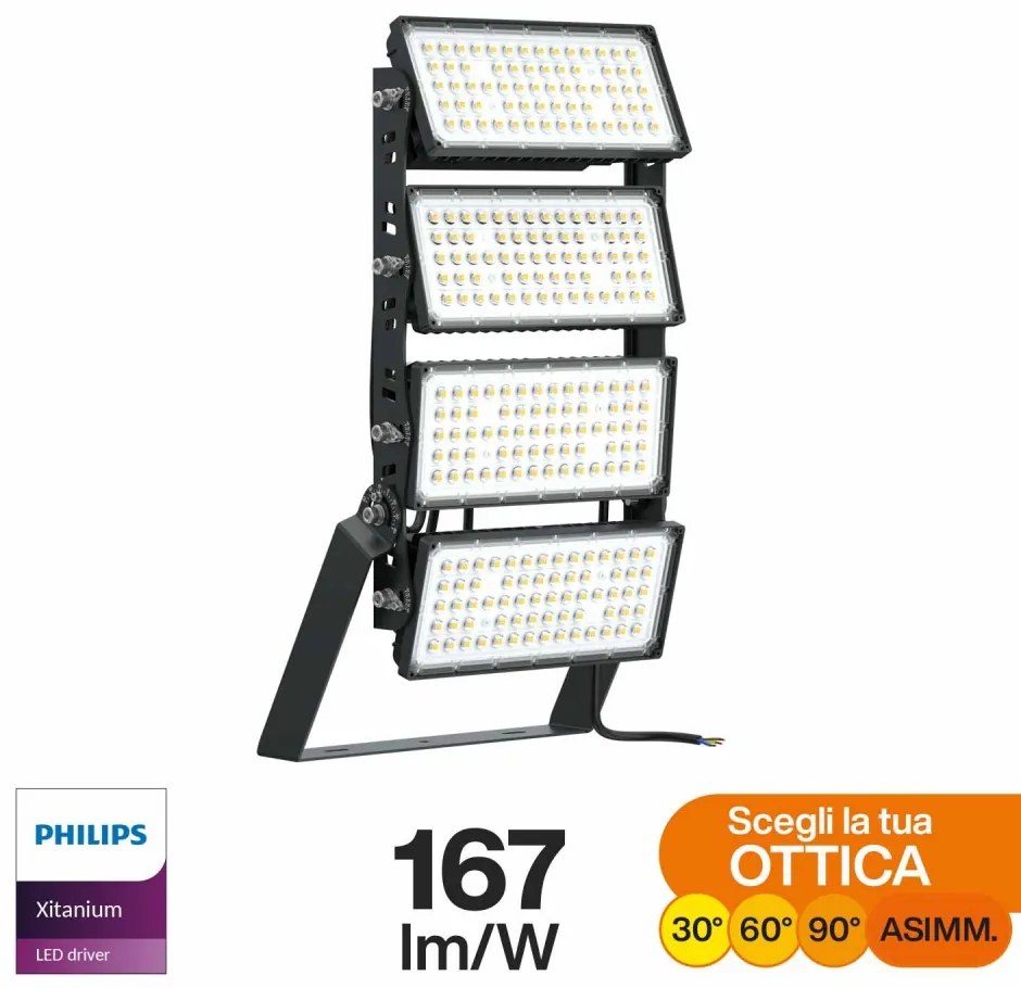 Faro Modulare LED 800W IP66, 167lm/W, No Flickering con driver Philips Colore  Bianco Naturale 4.000K, Scegli l'angolo di illuminazione 30°, Scegli le staffe dei moduli Orientabili