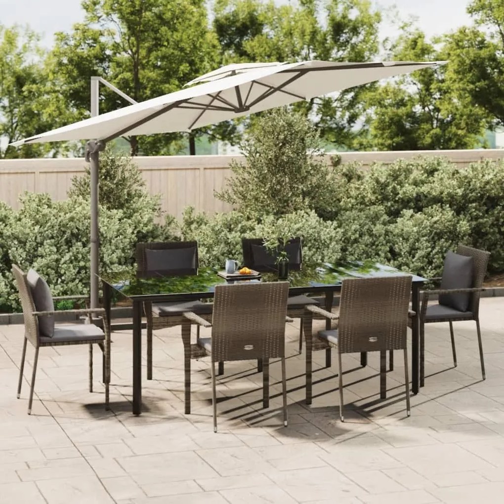 Set da pranzo giardino 7pz nero e grigio con cuscini polyrattan