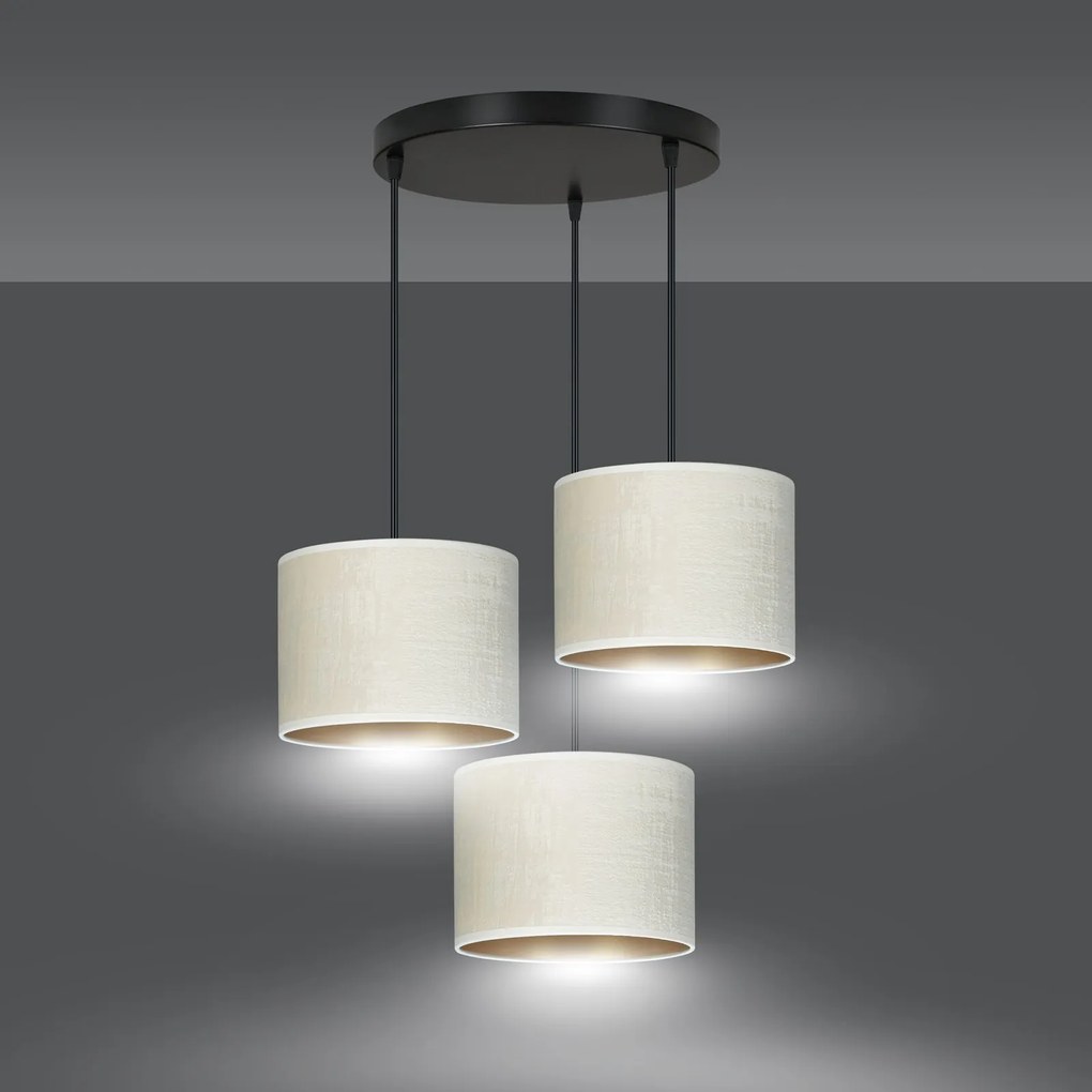 Lampadario Tondo 3 Luci Hilde In Acciaio Nero E Paralumi In Tessuto Beige