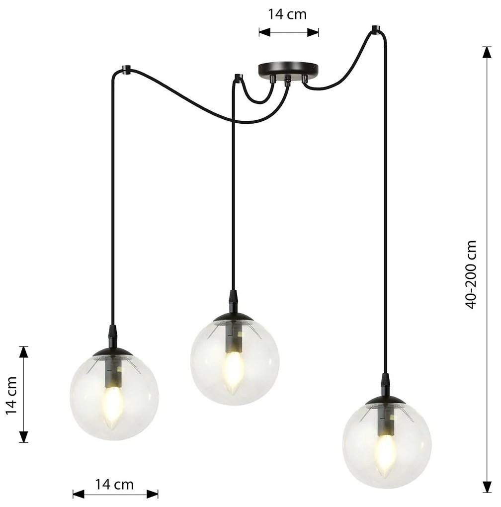 Lampadario 3 Luci Ginevra In Acciaio Nero Con Cavo Lungo E Vetri Trasparente