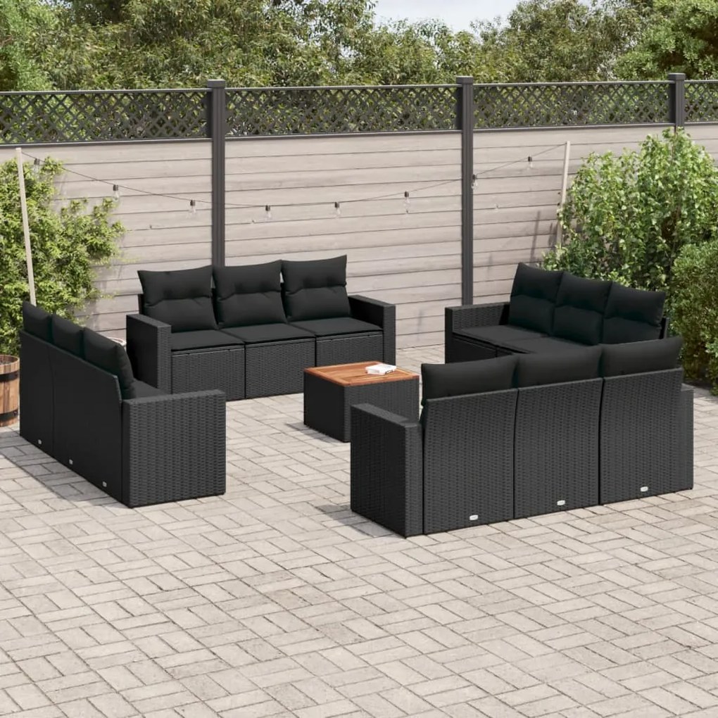 Set divani da giardino 13pz con cuscini nero in polyrattan