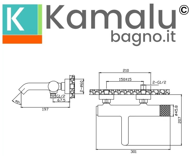 Kamalu - Miscelatore vasca finitura cromo con dettaglio trama diamantata | BRASS